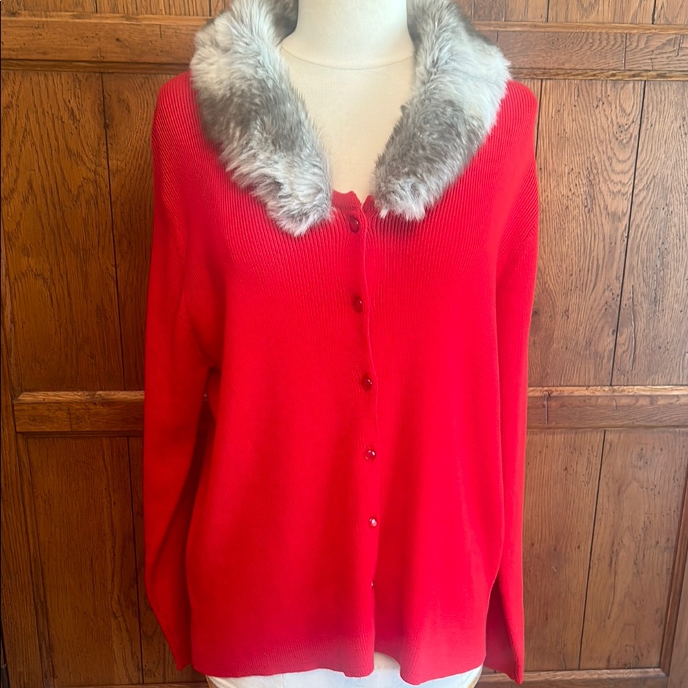 NWT❤️KIKIT Vintage Red Cardigan Detachable Faux Fur Collar Size Large